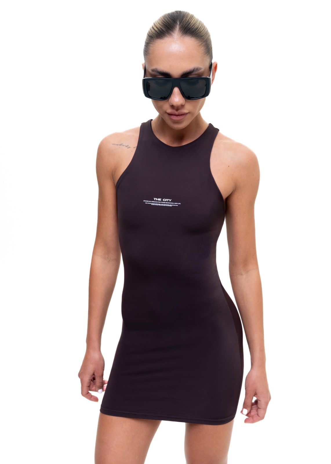 ALMZV Women’s Chocolate Bodycon Mini Dress Sleeveless High Neck Stretch Slim Fit