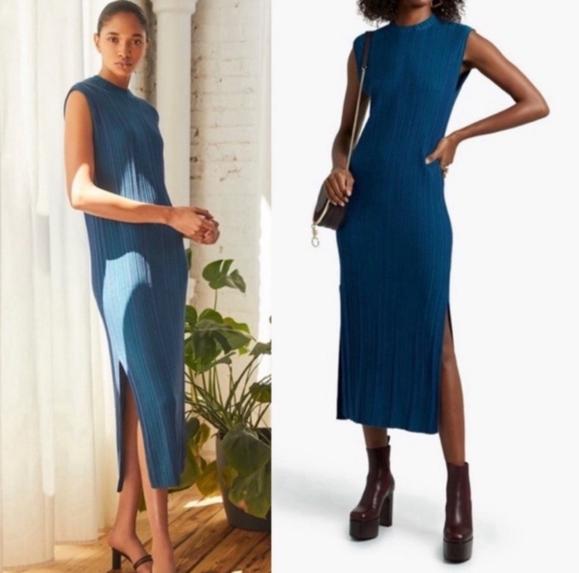 Naadam Blue Combo Ribbed Maxi Dress Cashmere Silk Sleeveless Size L Quiet Luxury
