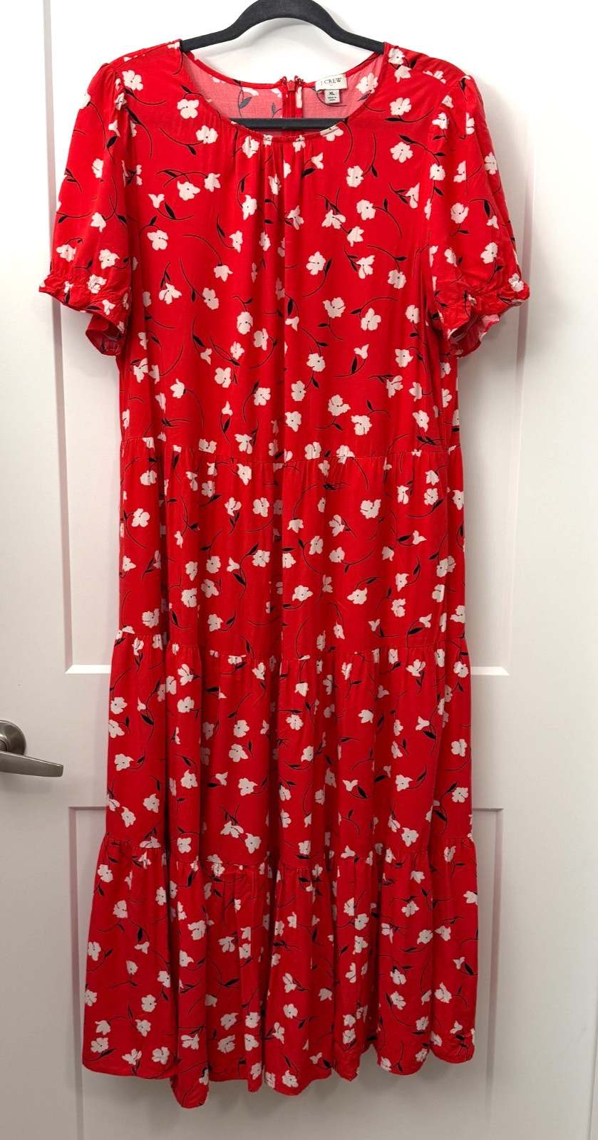 J.Crew Re-Imagined Red Floral Tiered Midi Dress XL Puff Sleeve 100% Viscose