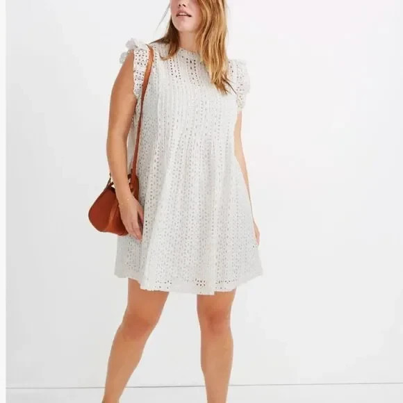 Madewell NEW Eyelet Ruffle Sleeve Pintuck Sheath Mini Dress White MSRP $138 XS