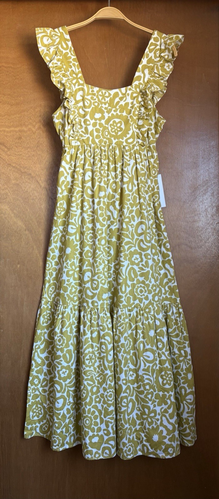 Chartreuse Boho Floral Cotton Midi Dress S Open Bow Back Ruffled Cottagecore NWT