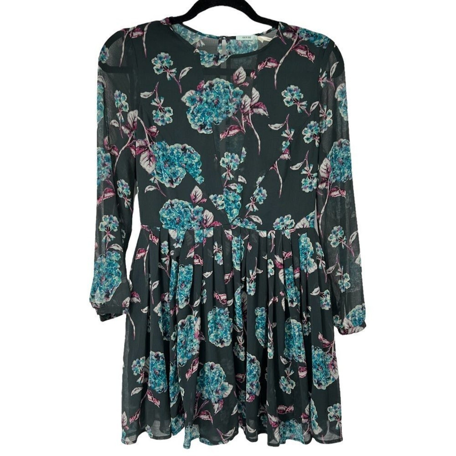 Kimchi‎ Blue Green Floral Sheer Long Sleeve Dress Womens 0