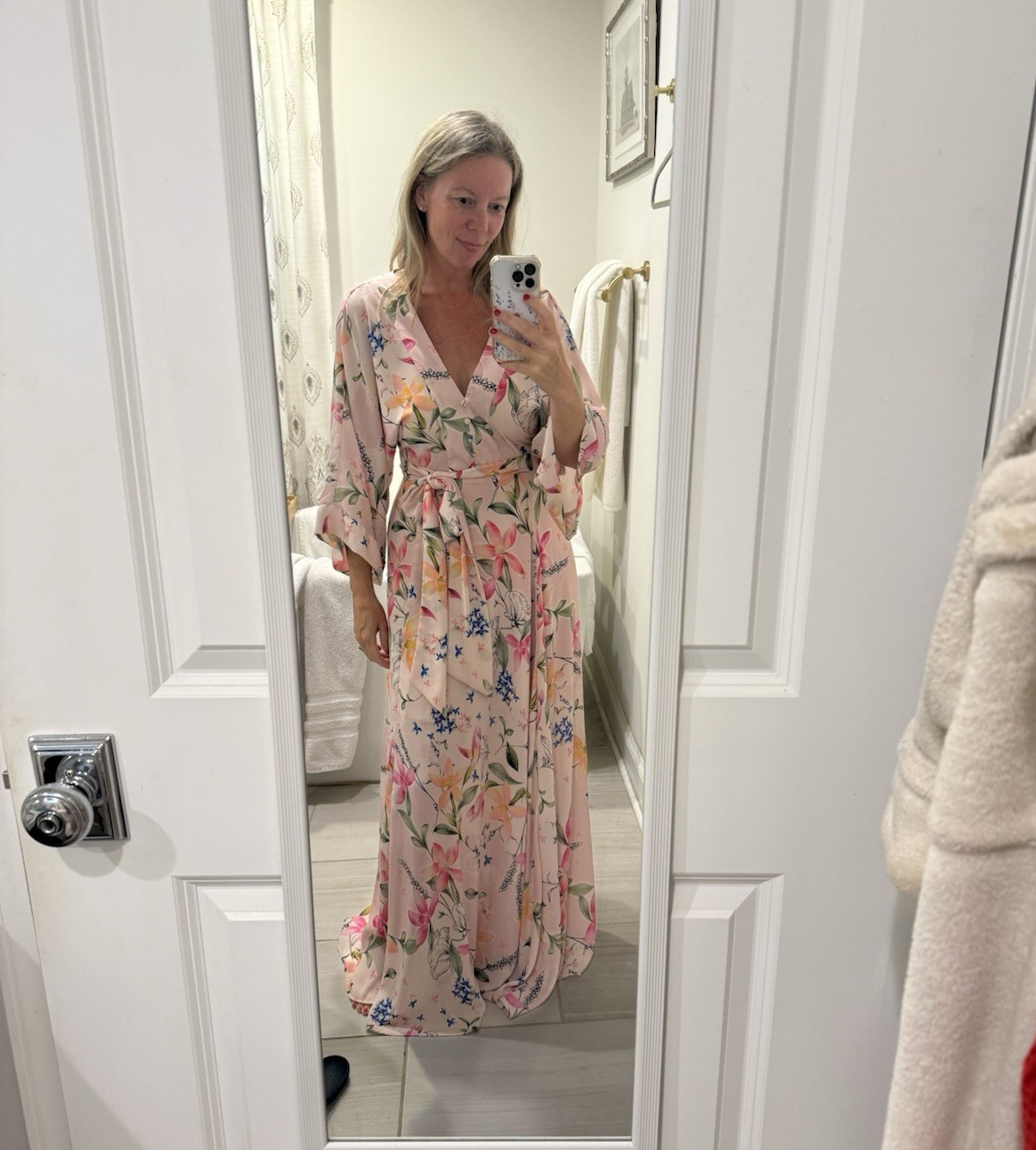 Yumi Kim Petite Pink Multicolor Floral Maxi Wrap Dress Belted V-Neck 3/4