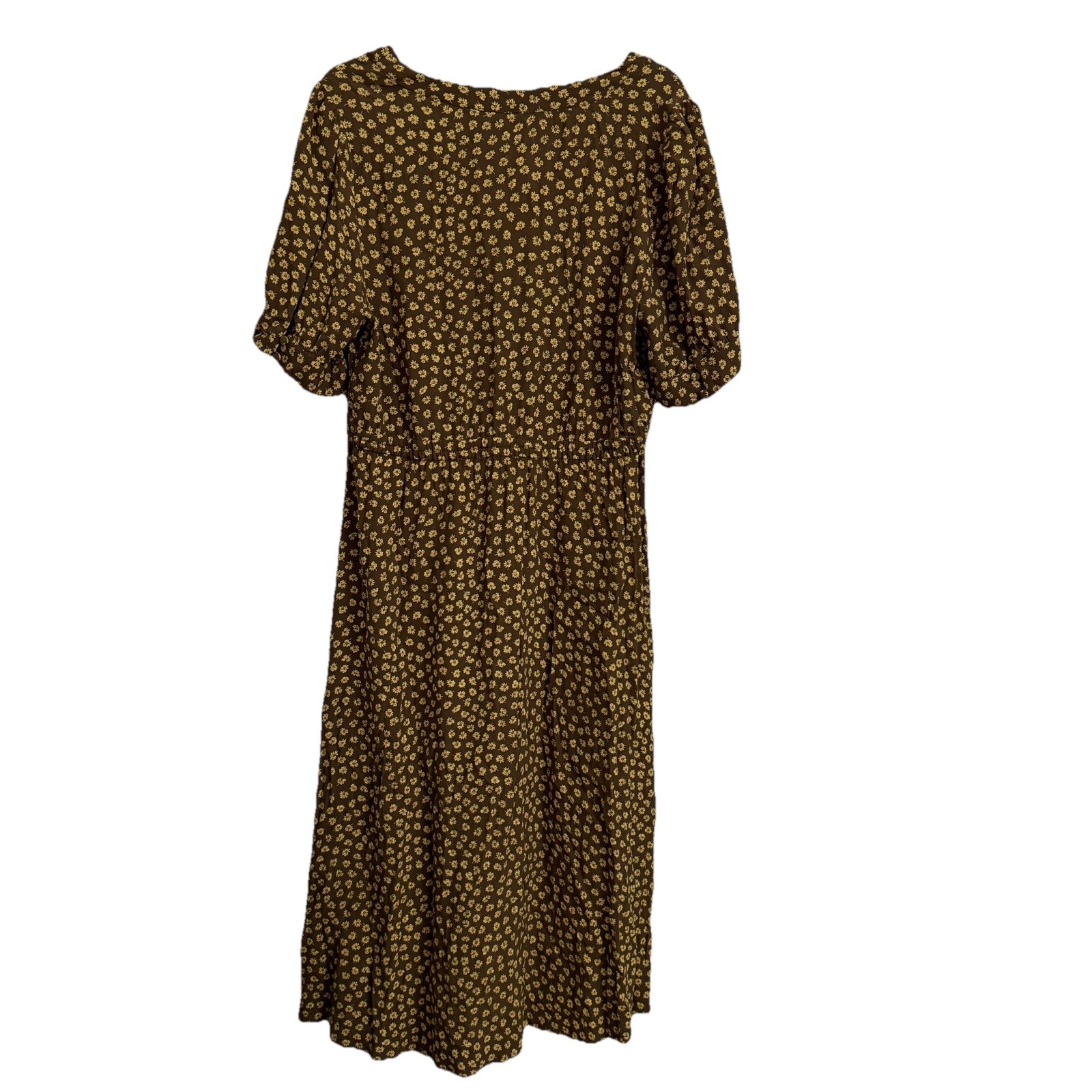 Madewell Dress 14 Brown Floral Button Cuff Midi Woodcut Flowers Cottage Peasant