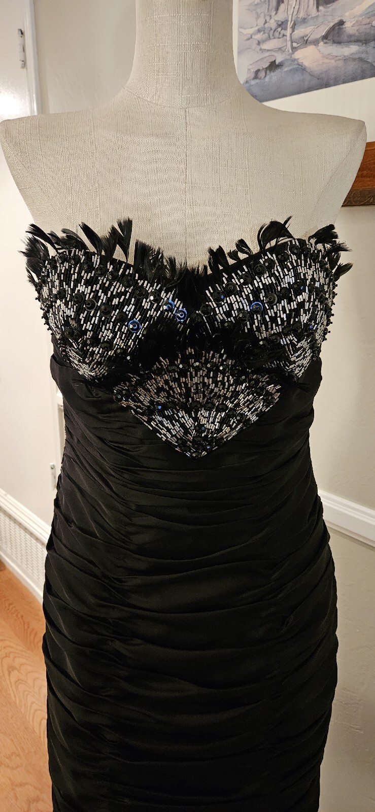 Diva Couture Black Ruffeled Gown With Beading And Feather Accents From Brazil