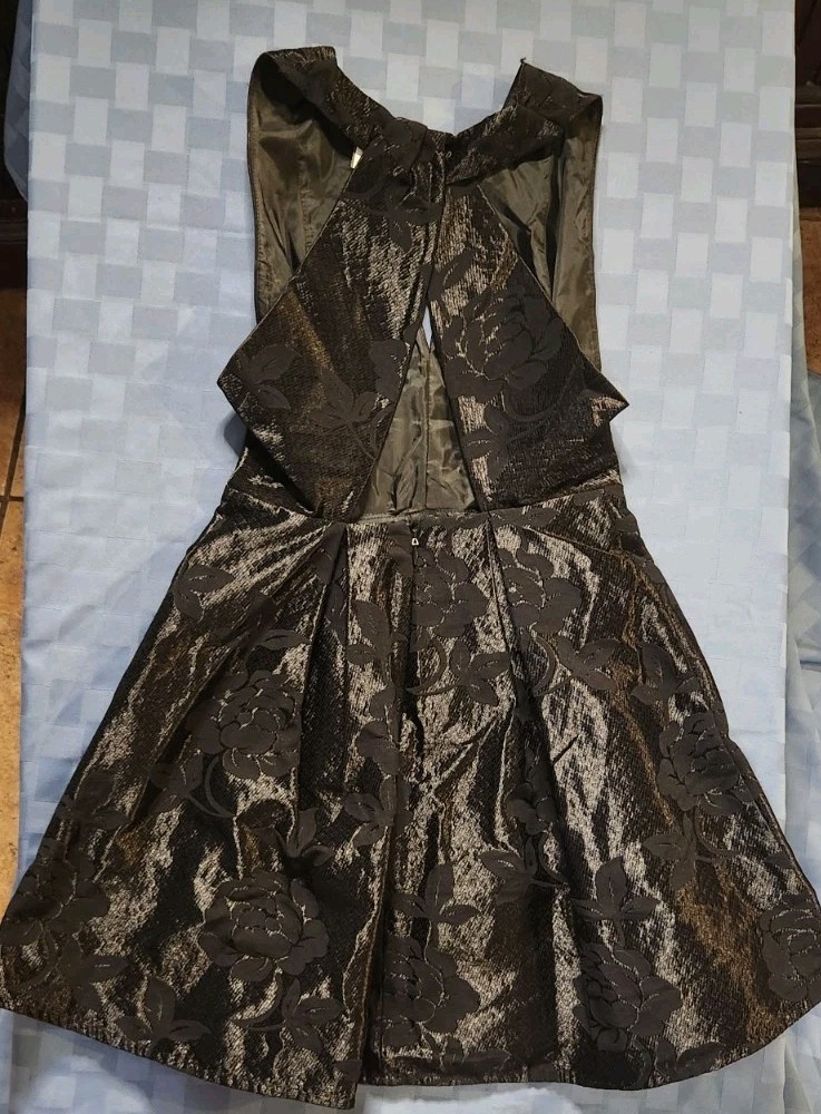 Topshop Black Brocade & Shimmer Fabric Prom or Cocktail Dress Cross Shoulder