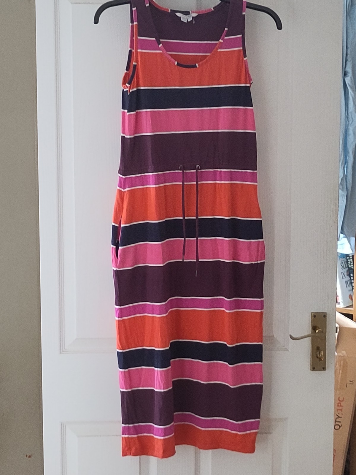 Boden Striped Sleeveless Midi Spring/ Summer Dress- Size 8R- pockets- waist tie