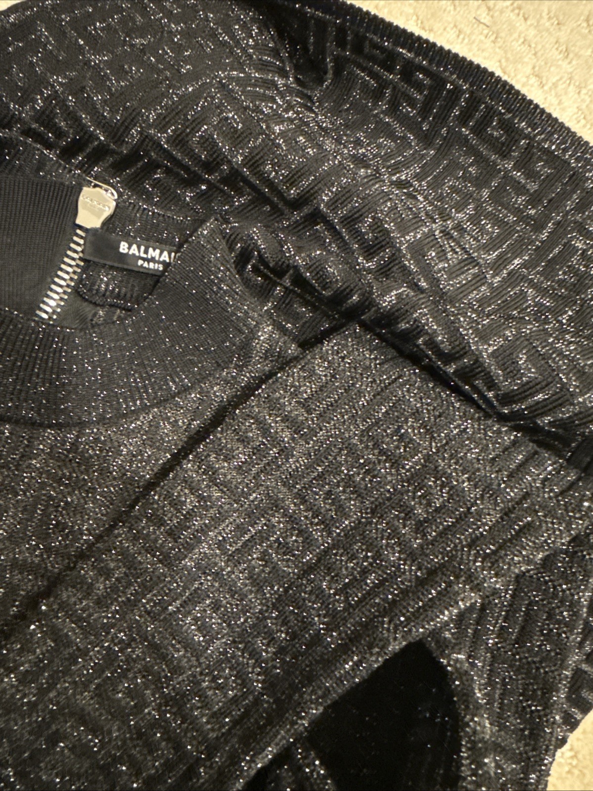 BALMAIN PARIS PB Monogram Knit Mini Dress Black Metallic Mock Neck FR 36 Small