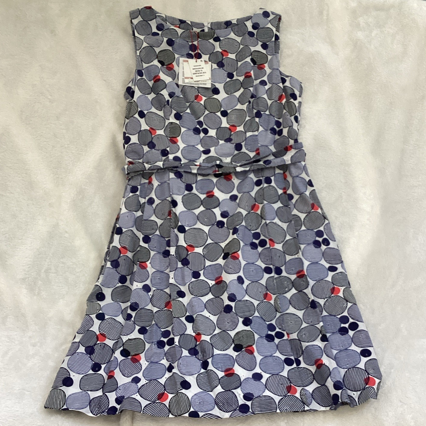Anne Klein White Blue Red Geometric A-Line Dress V-Neck Knee 12 Pleated Zip