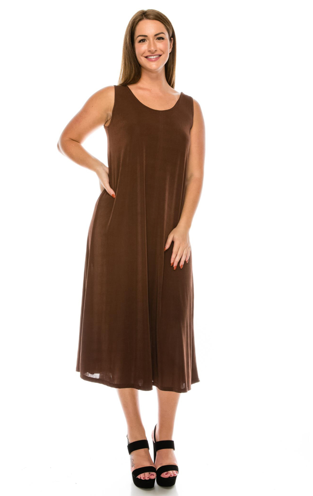 JOSTAR Brown LONG TANK DRESS Stretch Poly Spandex Knit TRAVEL S M L XL 2X 3X
