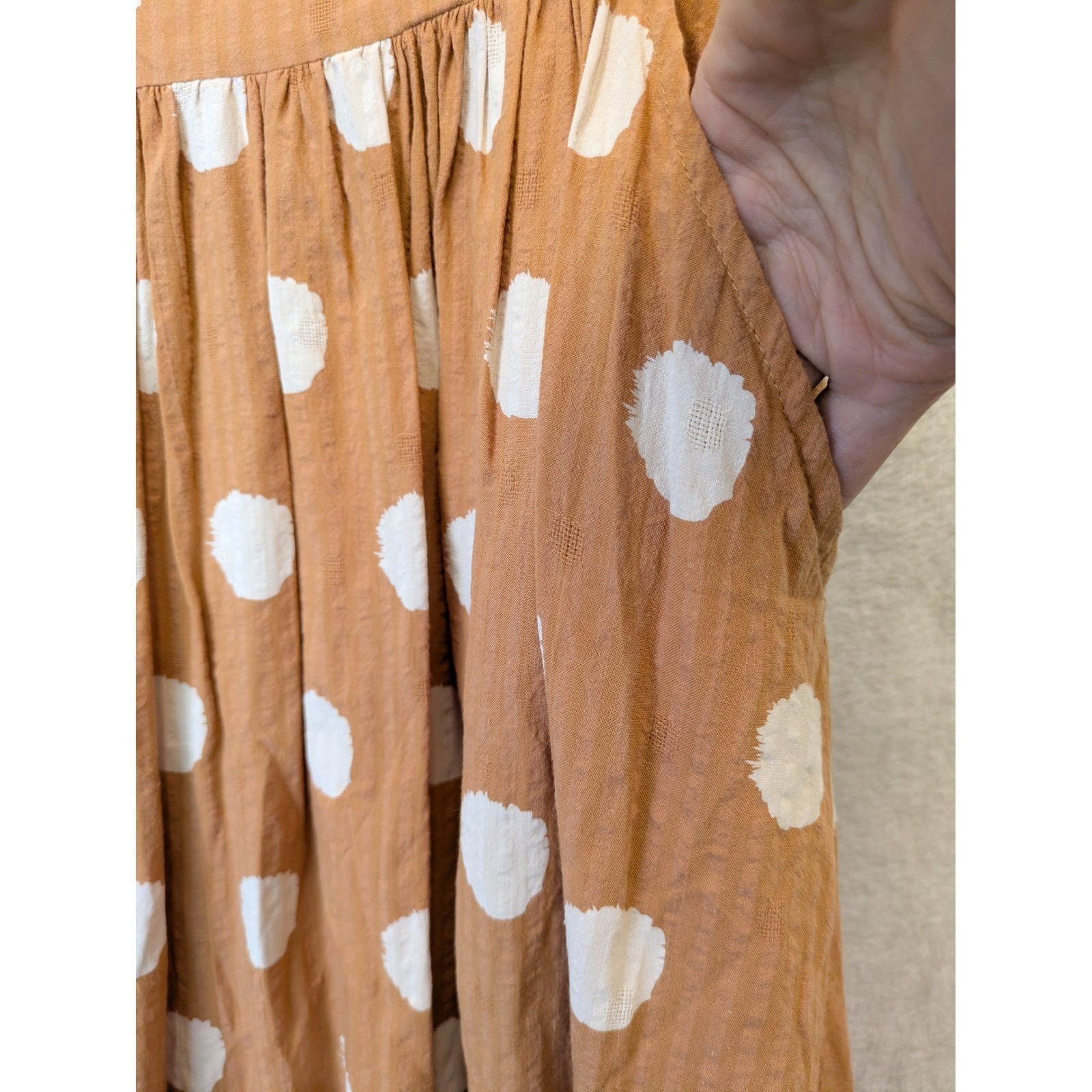 Roolee Midi Dress Women’s Small Brown Polka Dot Short Sleeve Textured