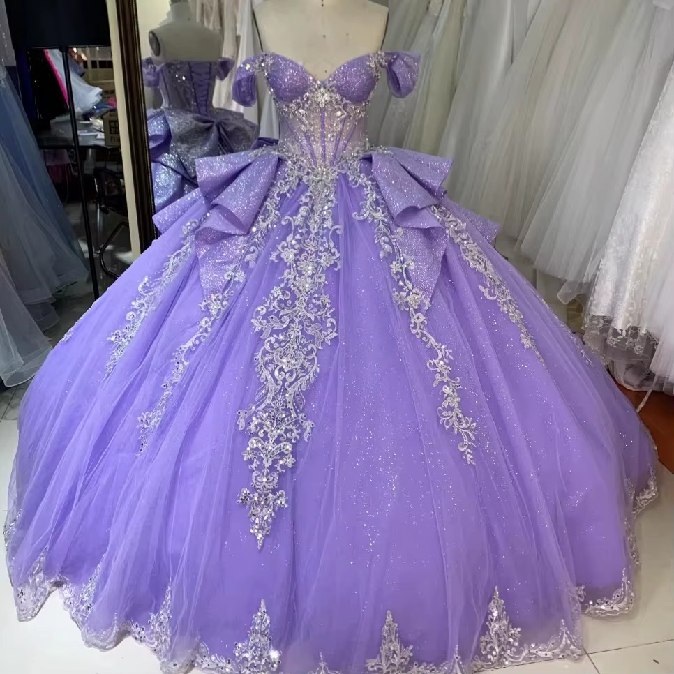 Lilac Quinceanera Dresses Off Shoulder Silver Appliques Sweet 15 16 Ball Gown
