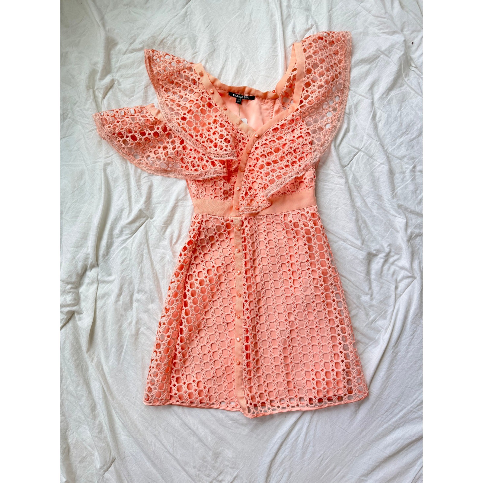 Gianni Bini Peach Crochet Lace Ruffle Cold Shoulder Button Front Mini Dress 2