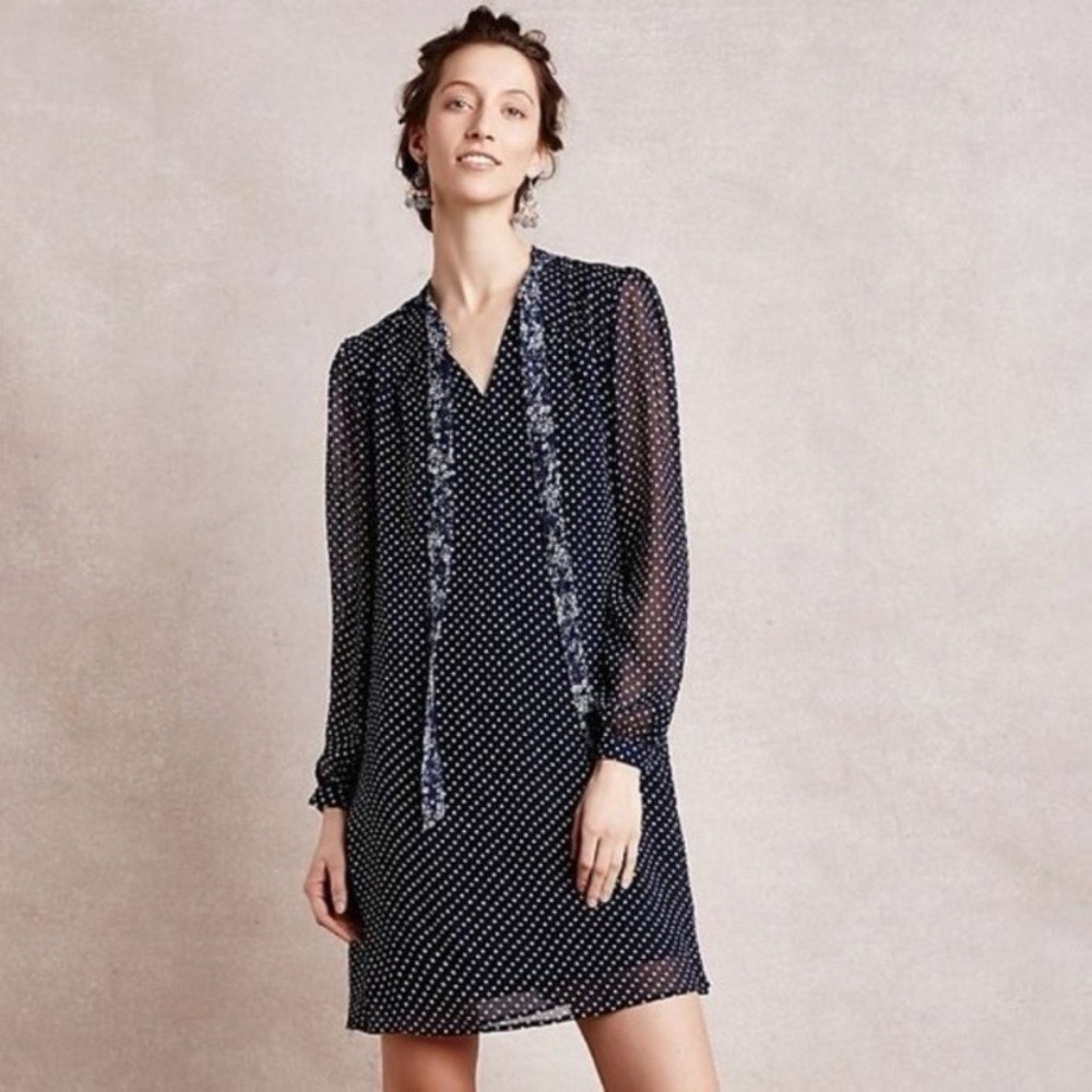 11•1•TYLHO Anthropologie Isla Polka Dot Floral Tie-Neck Navy Boho Shift Dress L