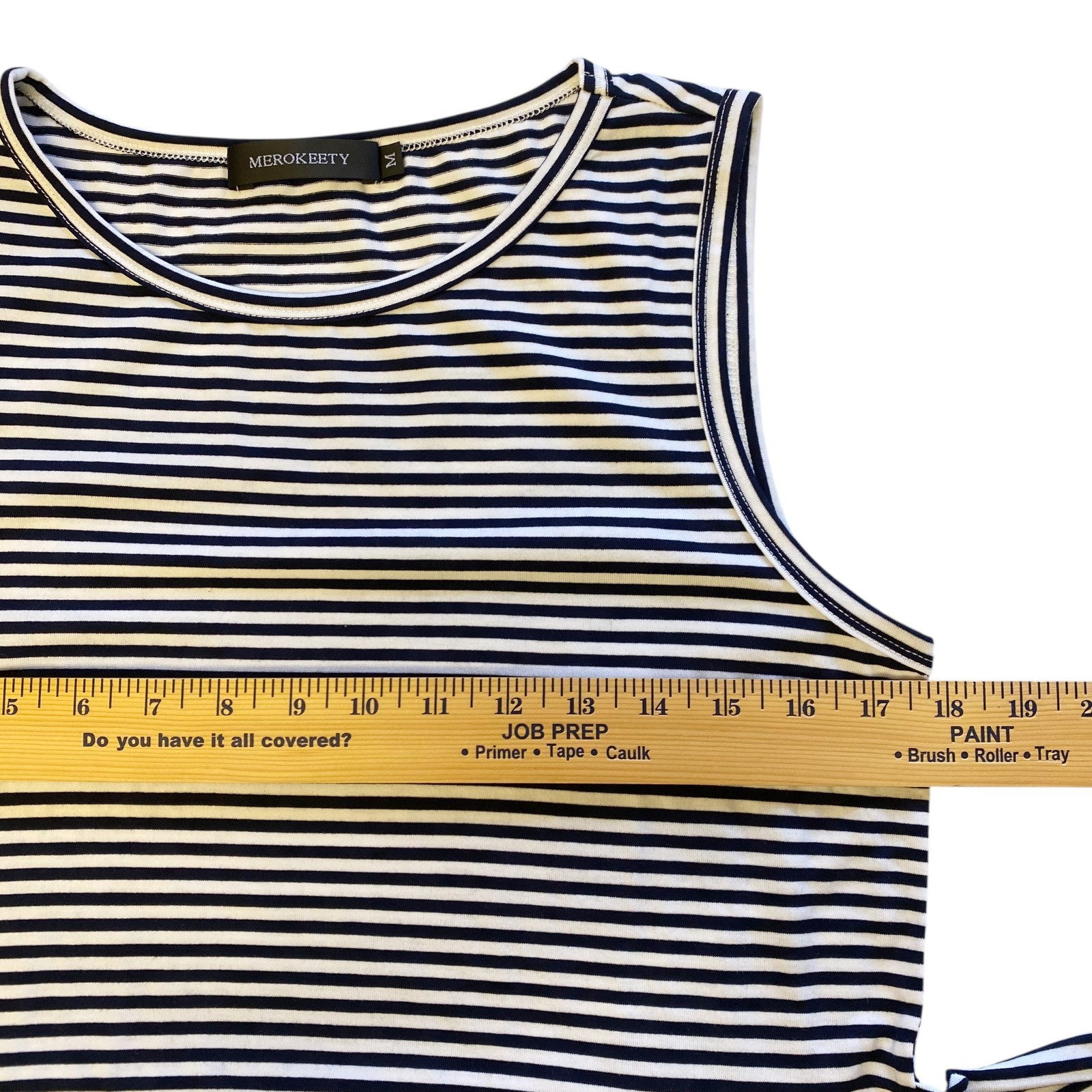 MEROKEETY Tee Shirt Dress Womens Medium Striped Pockets Tie Waist Blue&white