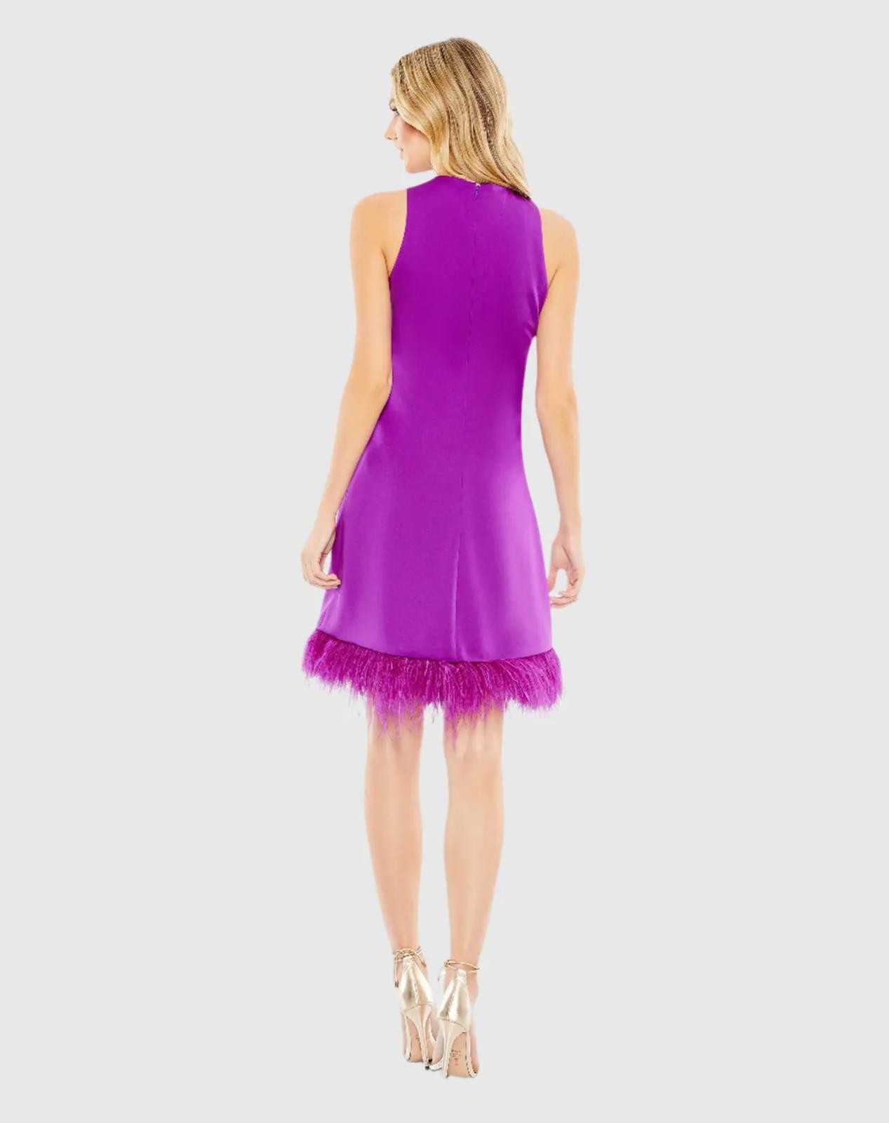 NWT Mac Duggal 55805 Purple Feather Hem High Neck Trapeze Dress Size 4