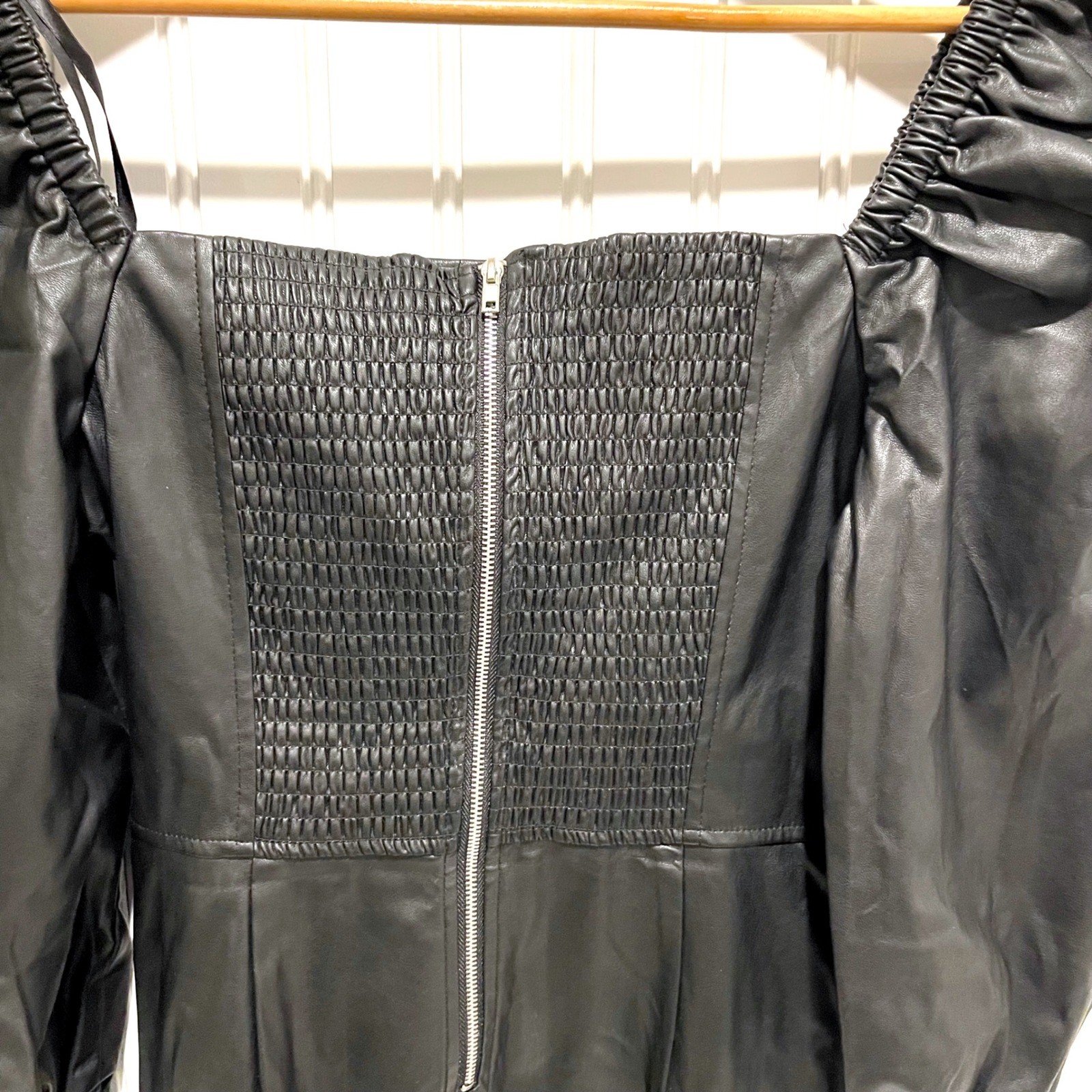 7 For All Mankind Faux Leather Square Neck Smocked Zipper Dress Black Medium NWT