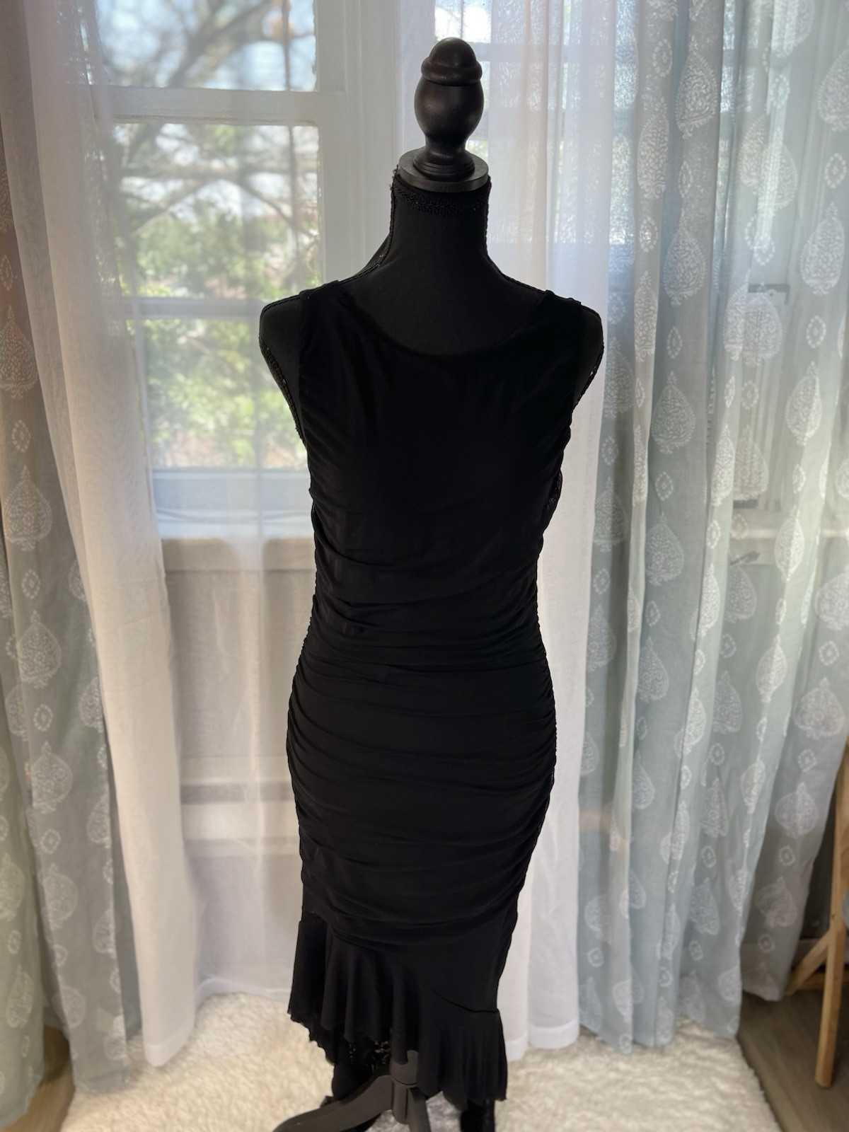 ZESICA Women’s Black Solid Ruched Sheer Mesh Ruffle Bodycon Midi Dress M
