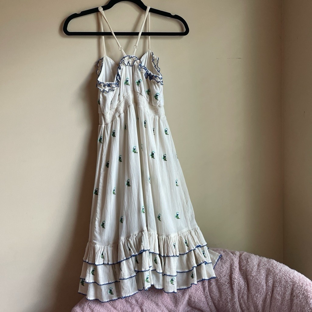 Floreat for Anthropologie Cotton Floral Embroidered Smocked Ruffle Midi Boho 4