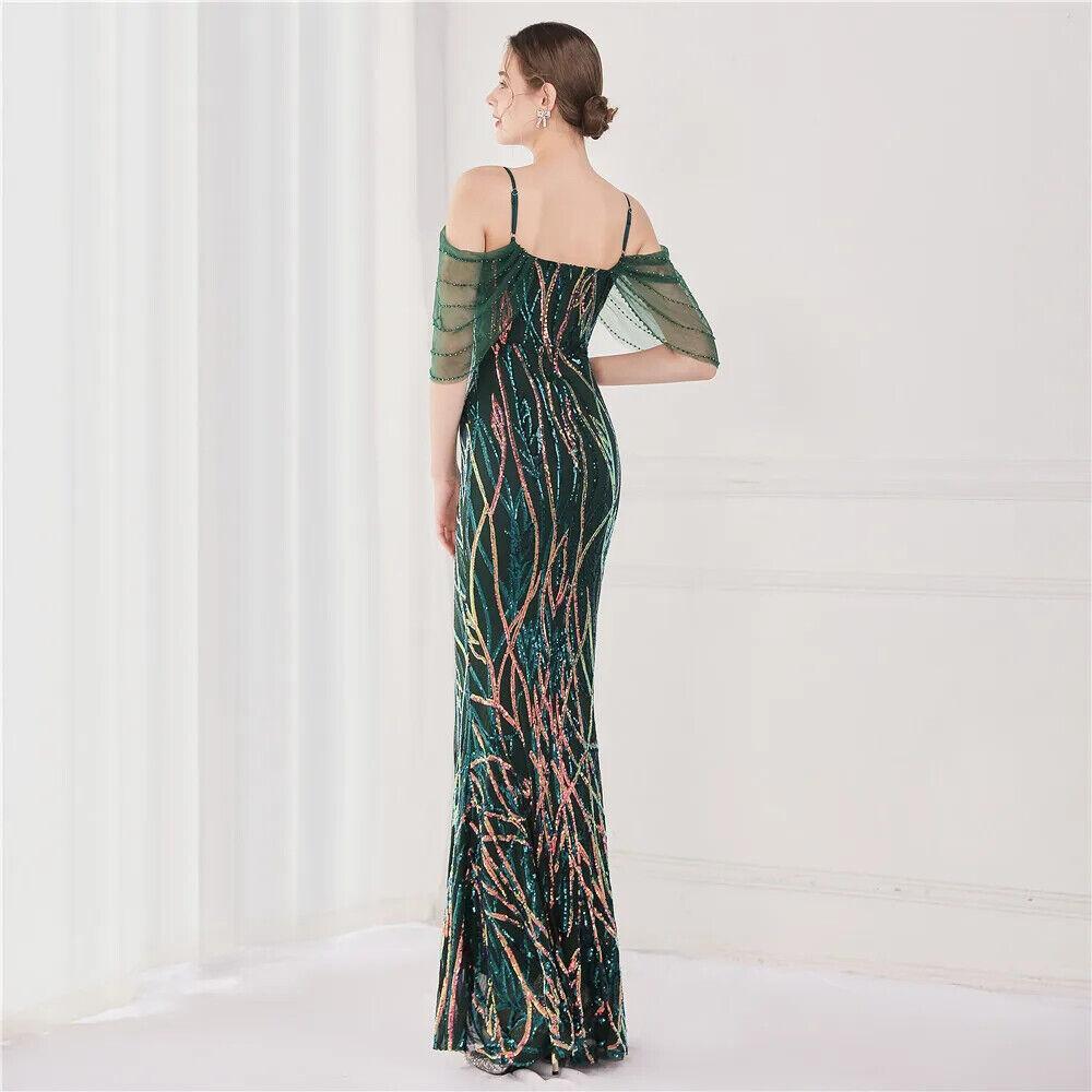 Women Performance Mesh Green Elegant Beading Evening Sequin Maxi Long Prom Dress