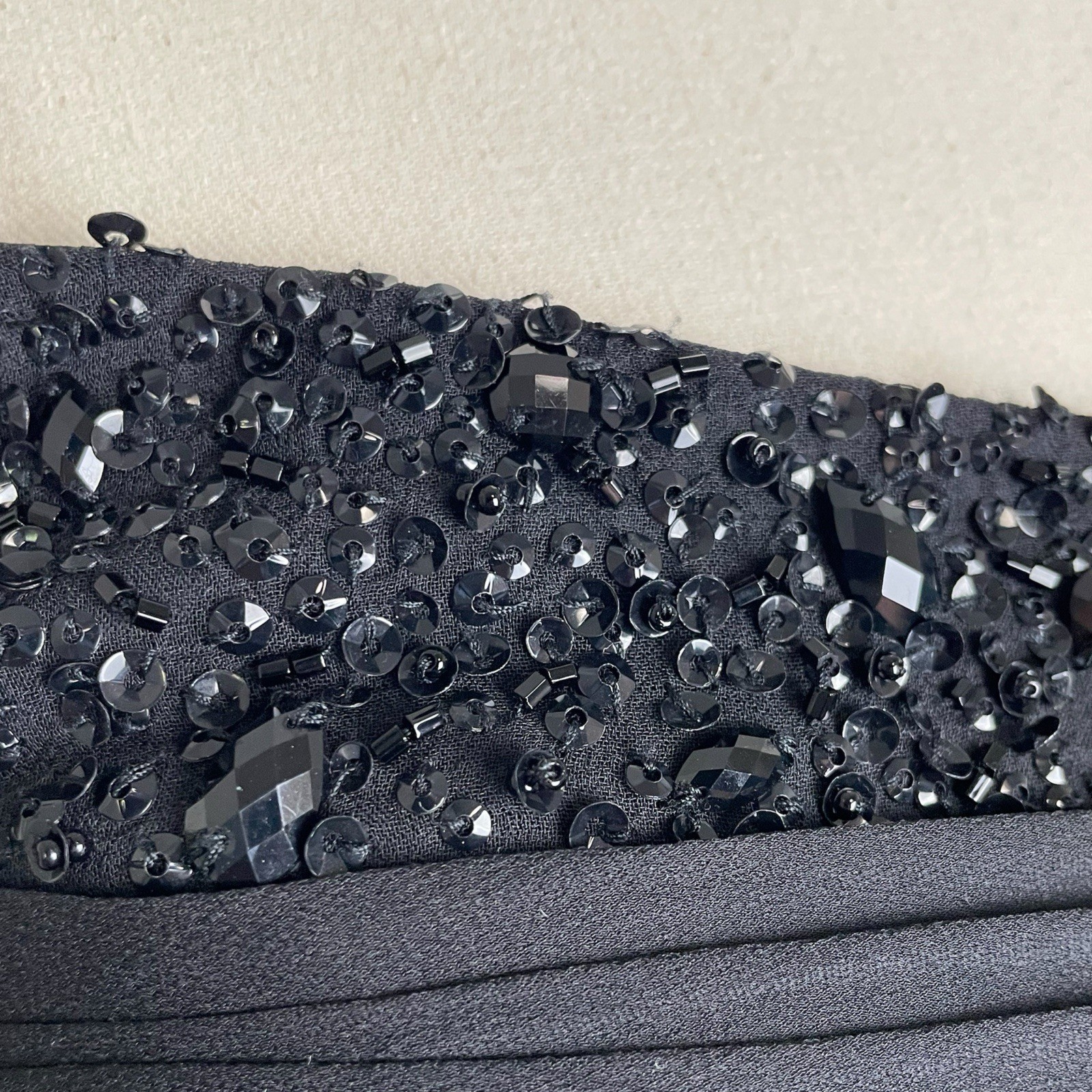 Basix II Black ruched pleated silk sequin beaded strapless mini dress formal S