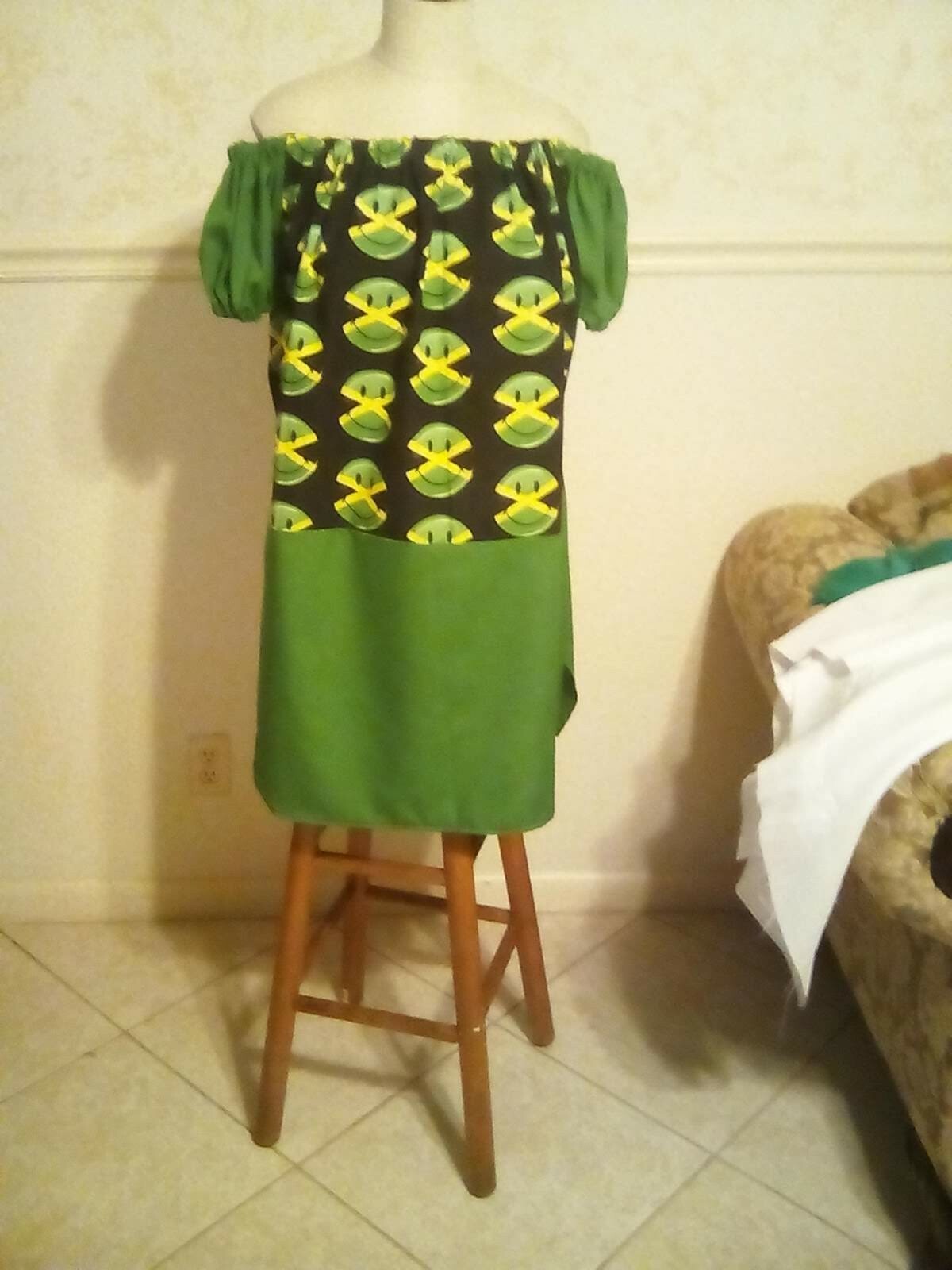 Smiling Jamaican Flag Off Shoulder Puff Sleeve Casual Loose shirt Tail Dress XL