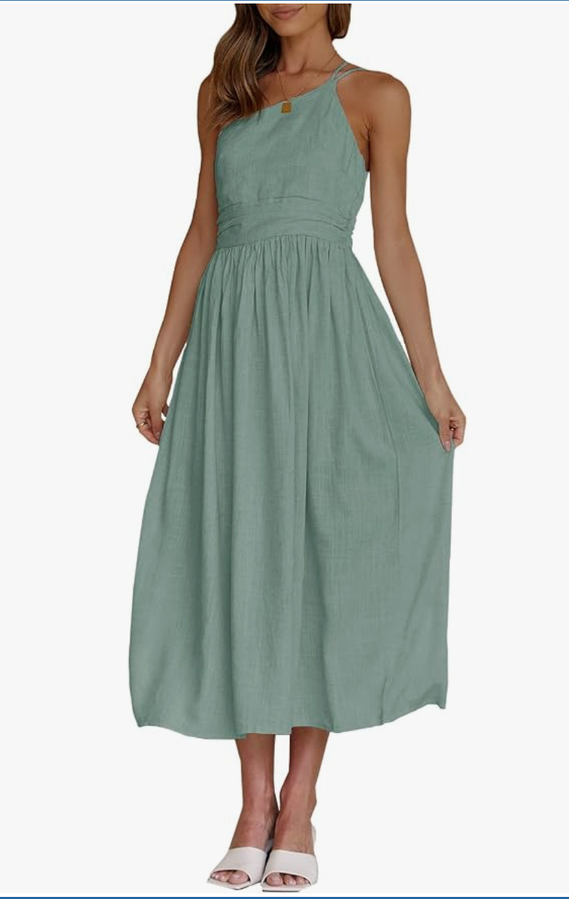 Women’s Summer Sundress One Shoulder Sleeveless Dresses Pleated High Waist A-Lin