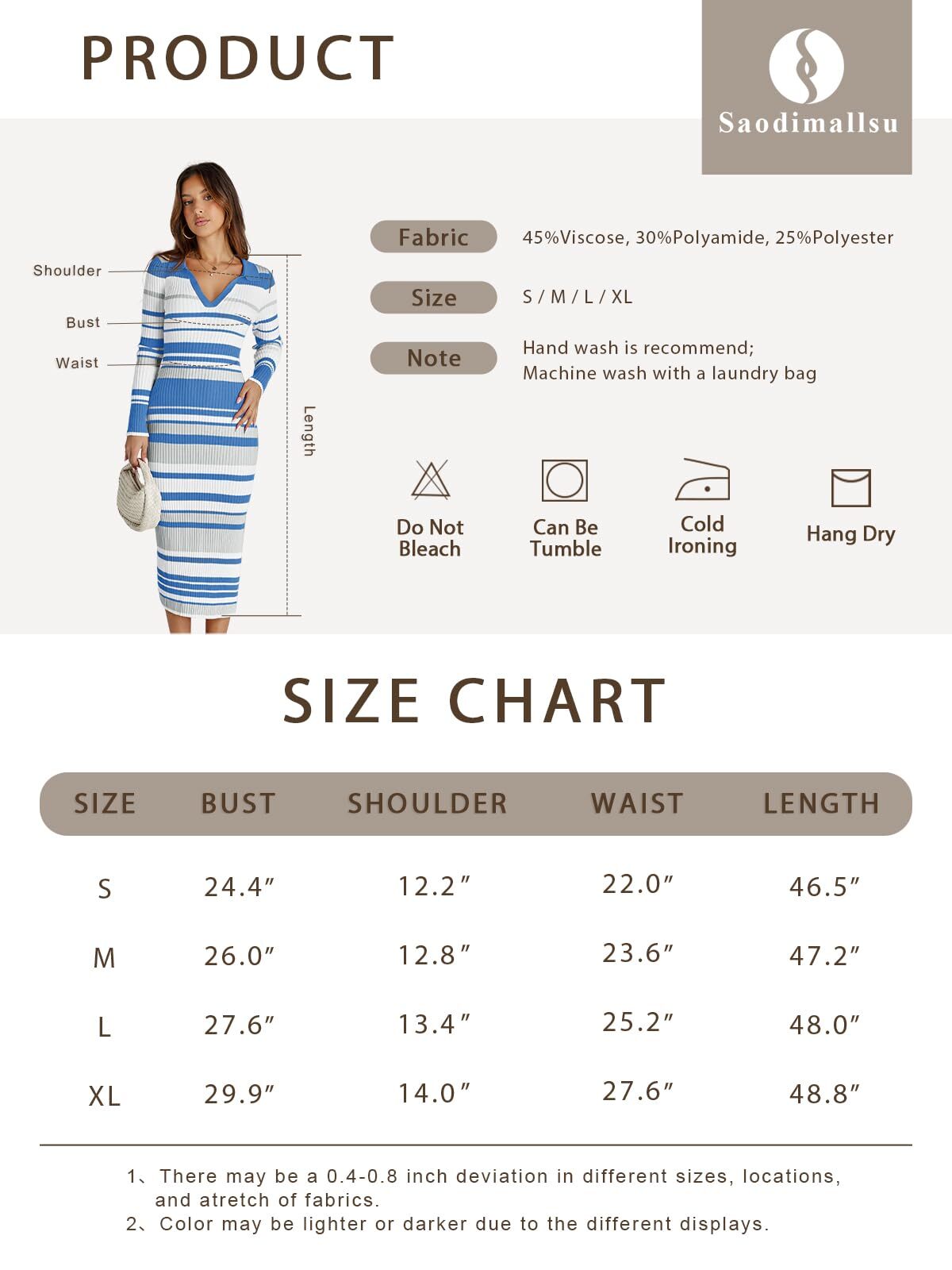 Womens Striped Sweater Dress V Neck Collared Slim Fit Sexy Midi Dress (Pink, S)