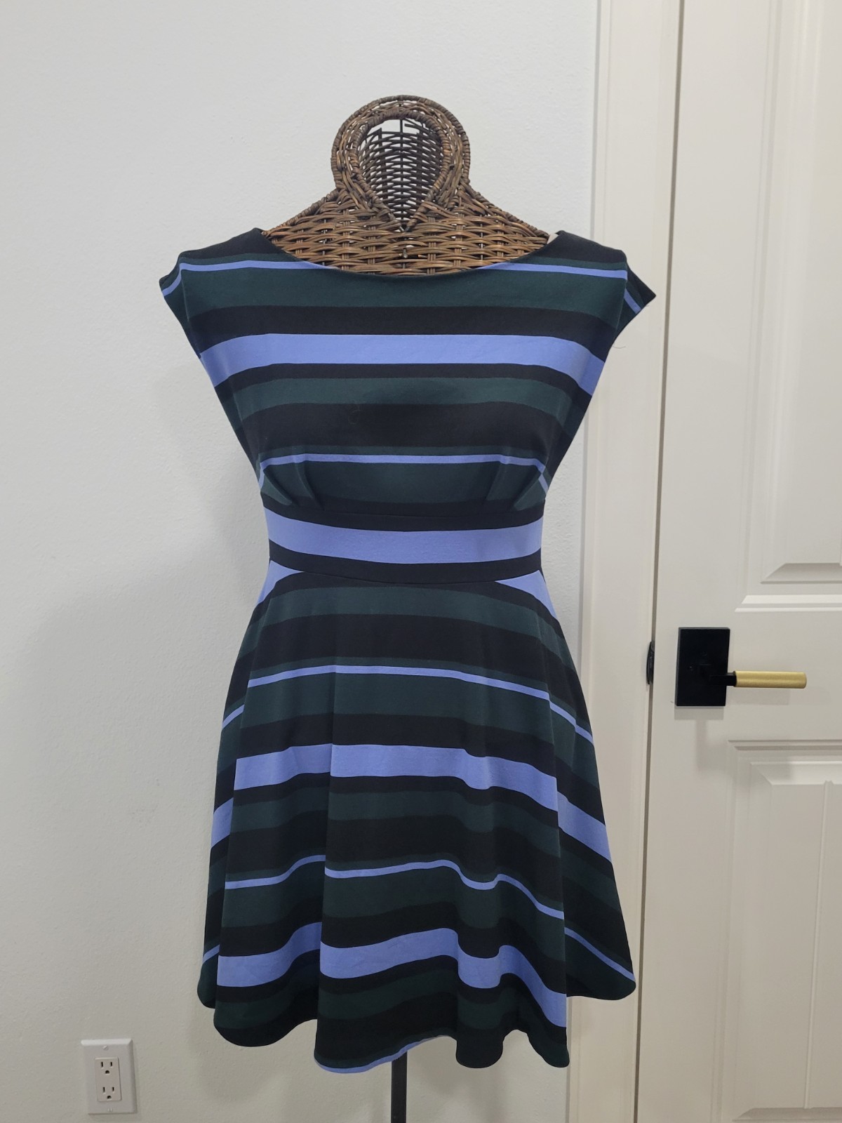 kate spade new york Blue/Black/Green Striped Fit & Flare Boat Neck Dress M