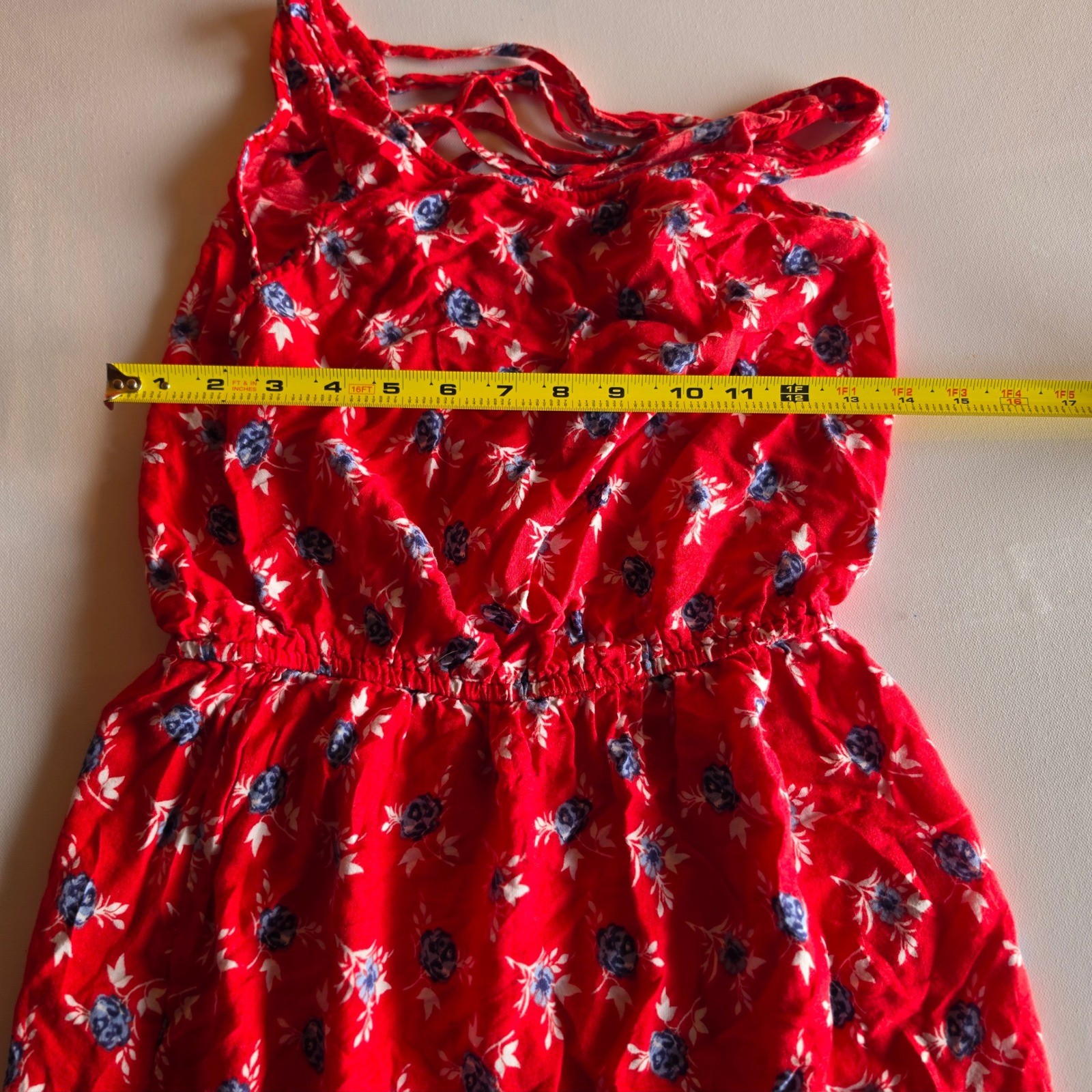Sfera Casual Red Floral Strappy Back Mini Dress Womens Medium Blue Border Print