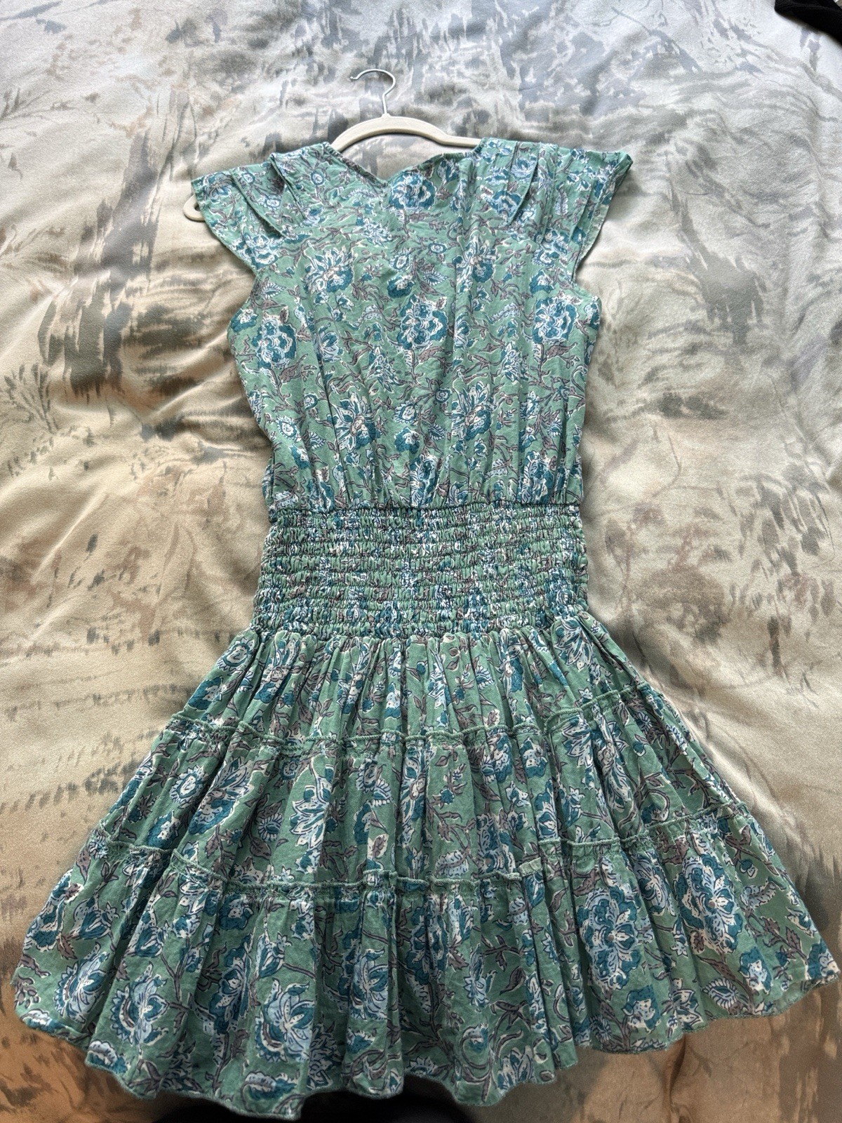 Perry Walker Collective Mini Dress Cotton Boho Floral Green Tiered Smocked
