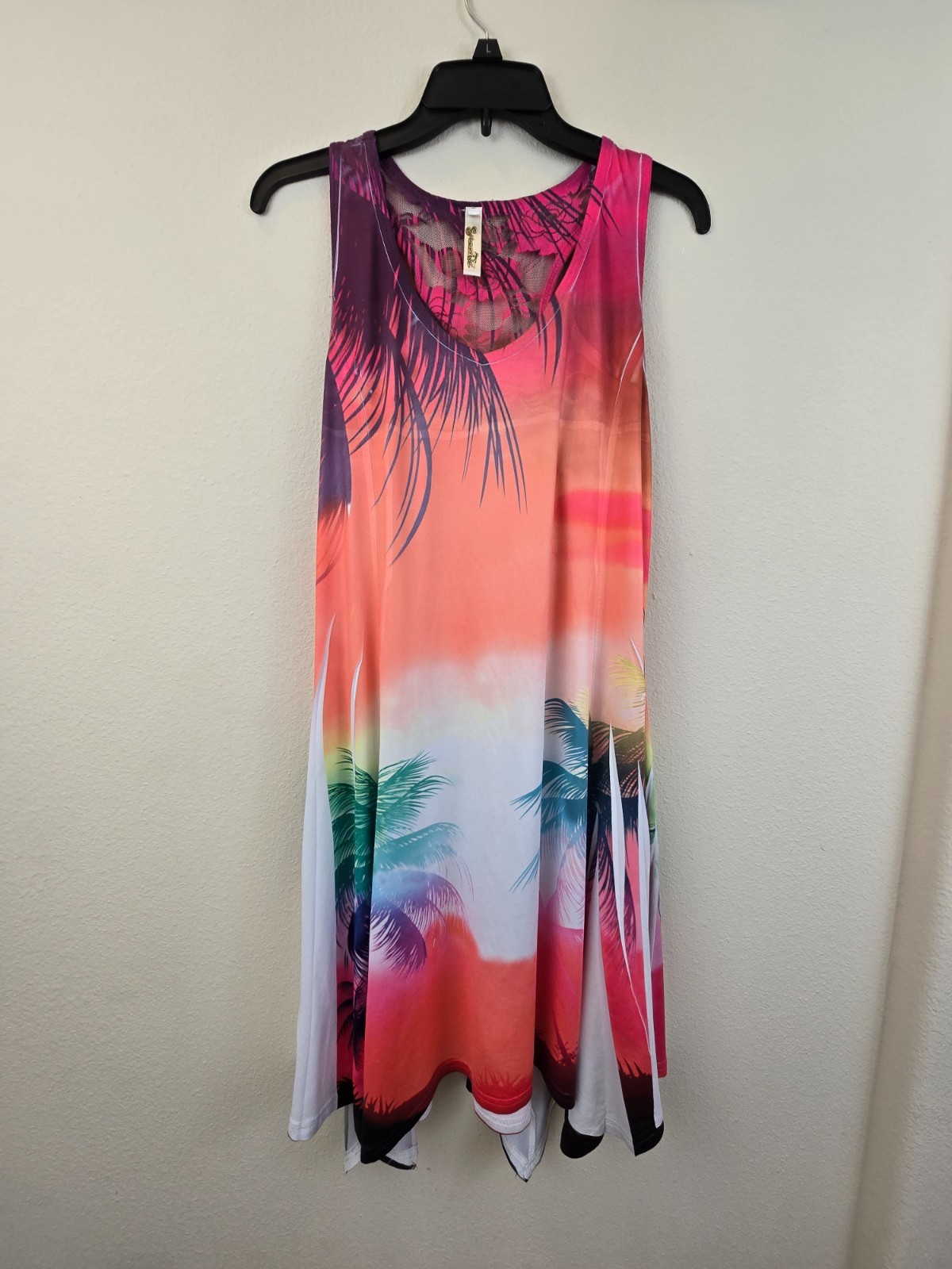 SHORELINE WOMENS SUN DRESS SLEEVELESS SIZE S/M SMALL to MEDIUM PALM SUNSET PRINT