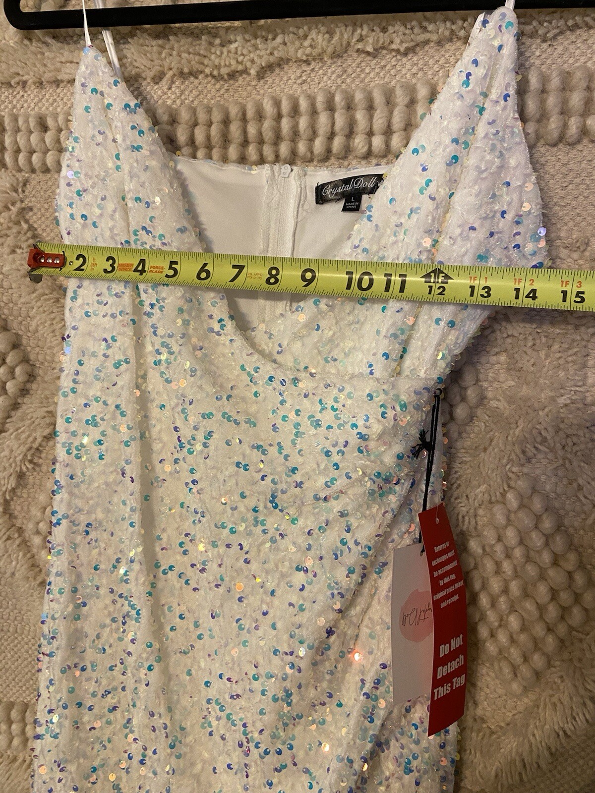 Crystal Doll White Sequence Crystal Party Mini Dress Short Size: Large Leg Slit