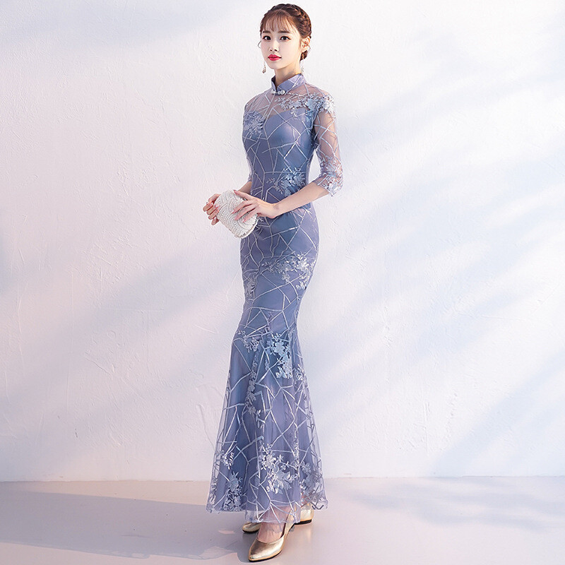 Womens Retro QI PAO Cheongsam Slim Fit Dress Chinese Party Wedding Lace Dress