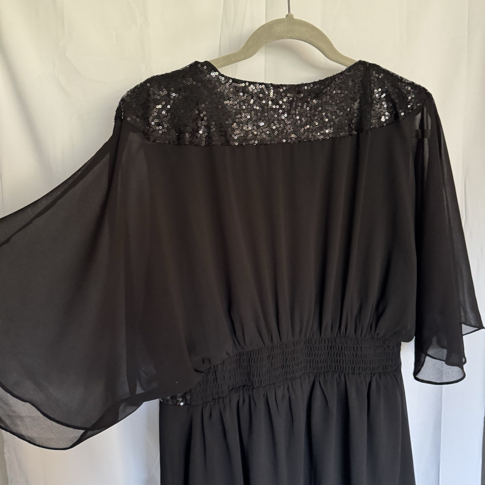 City Chic Black Sequin Wrap Dress S/16 Knee Length Plus Short Flutter Sleeve
