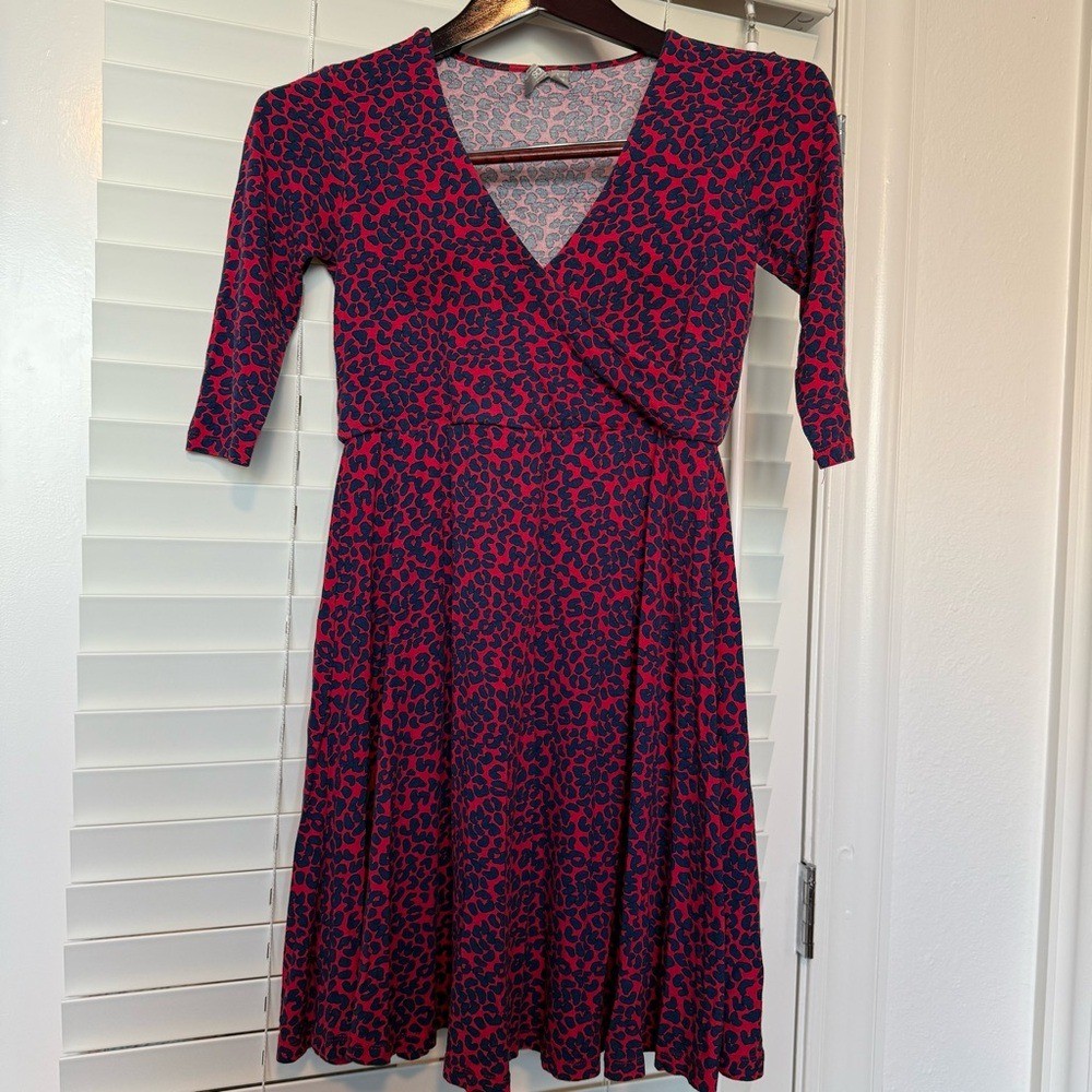 ASOS Red Navy Blue Leopard Print Wrap V-Neck Skater Dress 3/4 Sleeve Size US 4