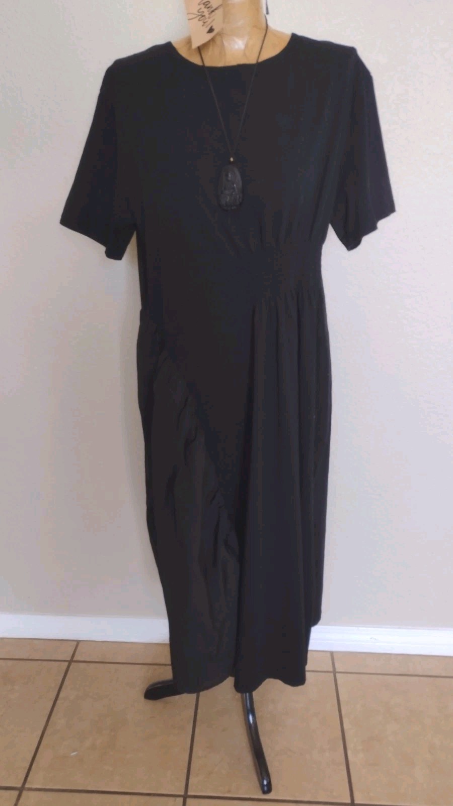 Black Zen Cotton Midi Dress L Short Sleeve Crew Neck Smocked Waist Pullover