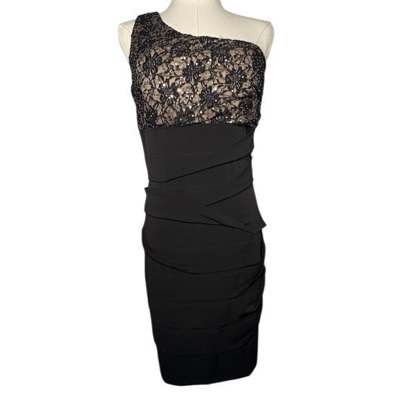 Vtg CITY TRIANGLES Black Lace One Shoulder Dress Tiered Bodycon Women’s Large