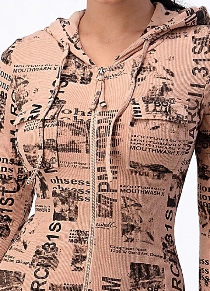 Magazine Print Tan/Gray Hooded Long Sleeve Bodycon Dress