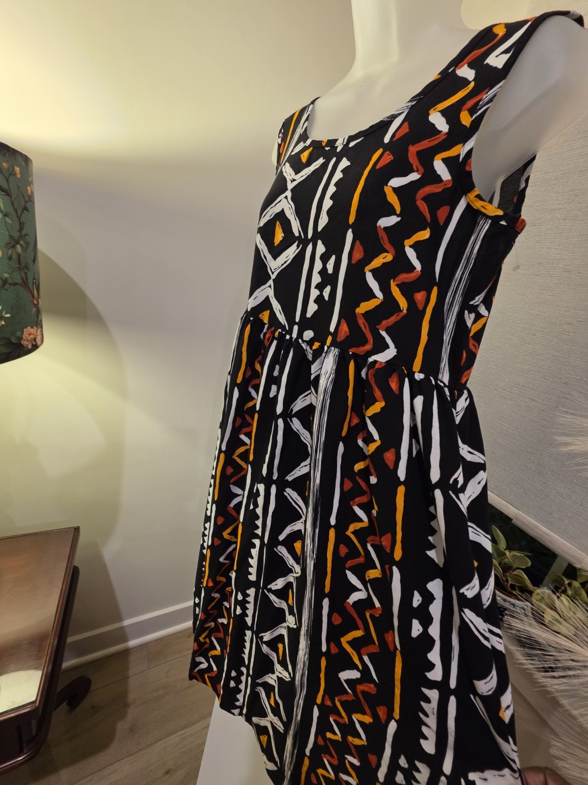 Midi Sun Dress Black Orange White Geometric Print Sleeveless M VTG
