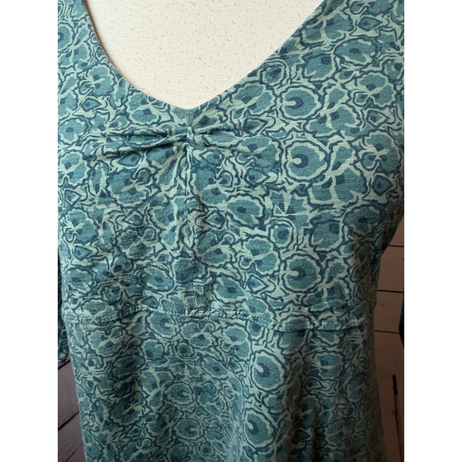 Toad&Co Rosalinda Dress Large Green Floral A-Line Knit Empire Waist Boho Ruched
