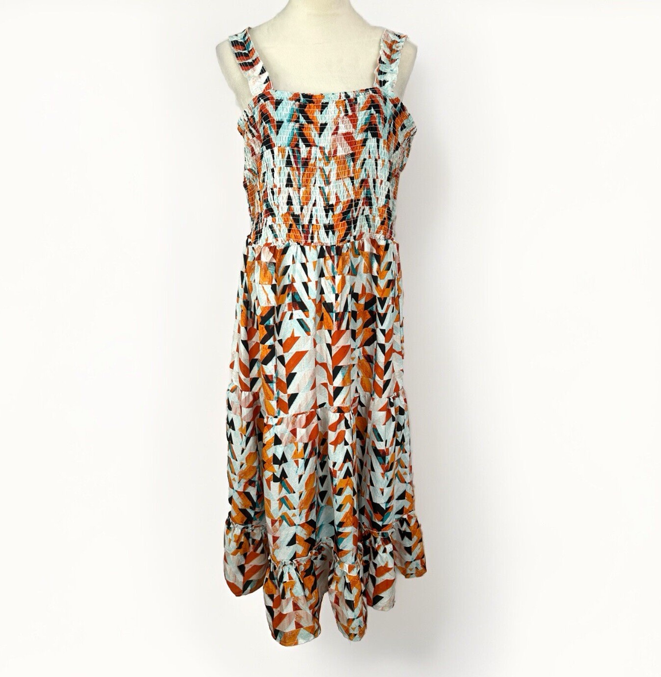 Mile Gabrielle Maxi Dress Womens 3X Bright Geometric Print Ruffled Straps