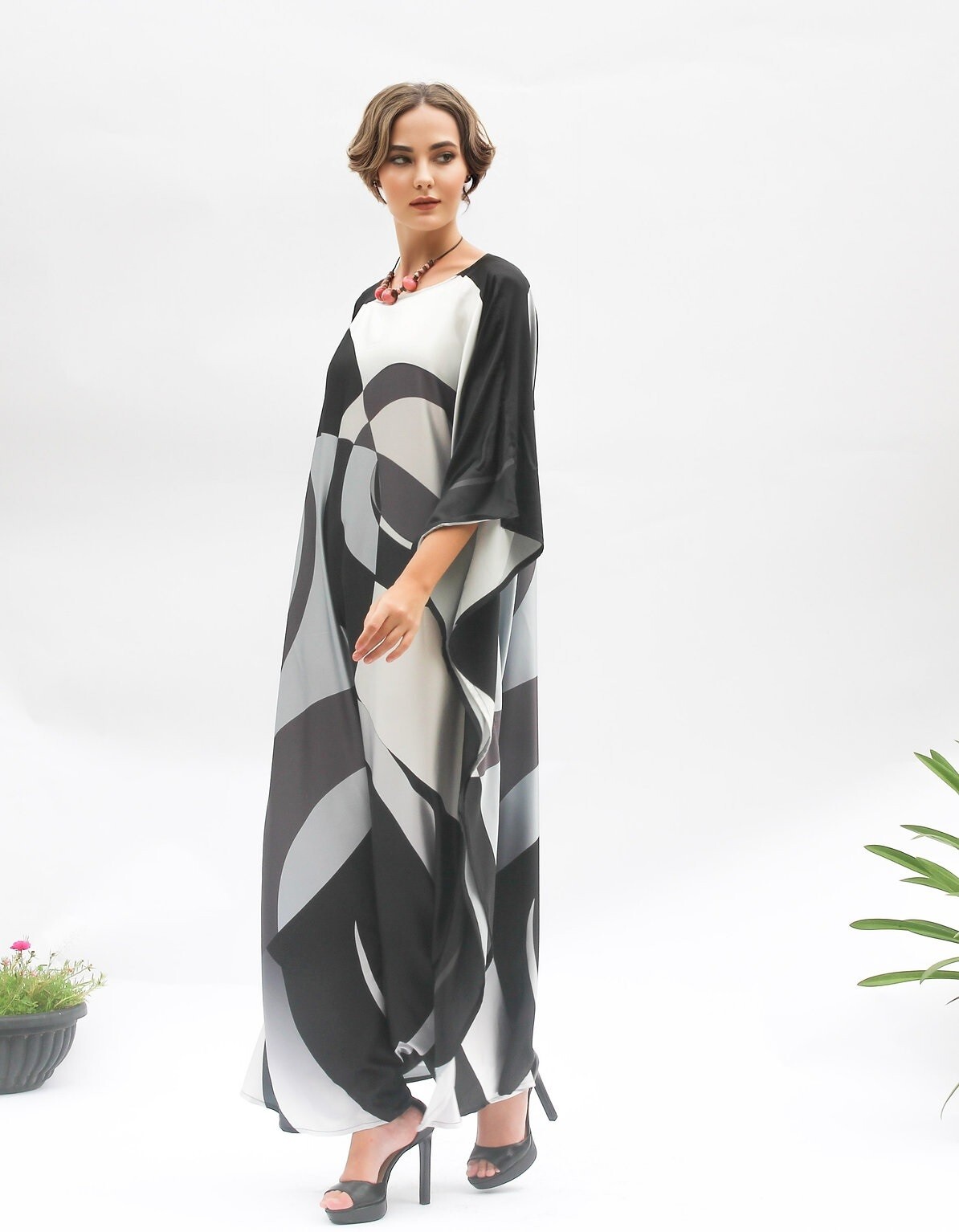 Printed Black & White Kaftan, Long Caftan, Soft Satin Silk Kaftan, J5819