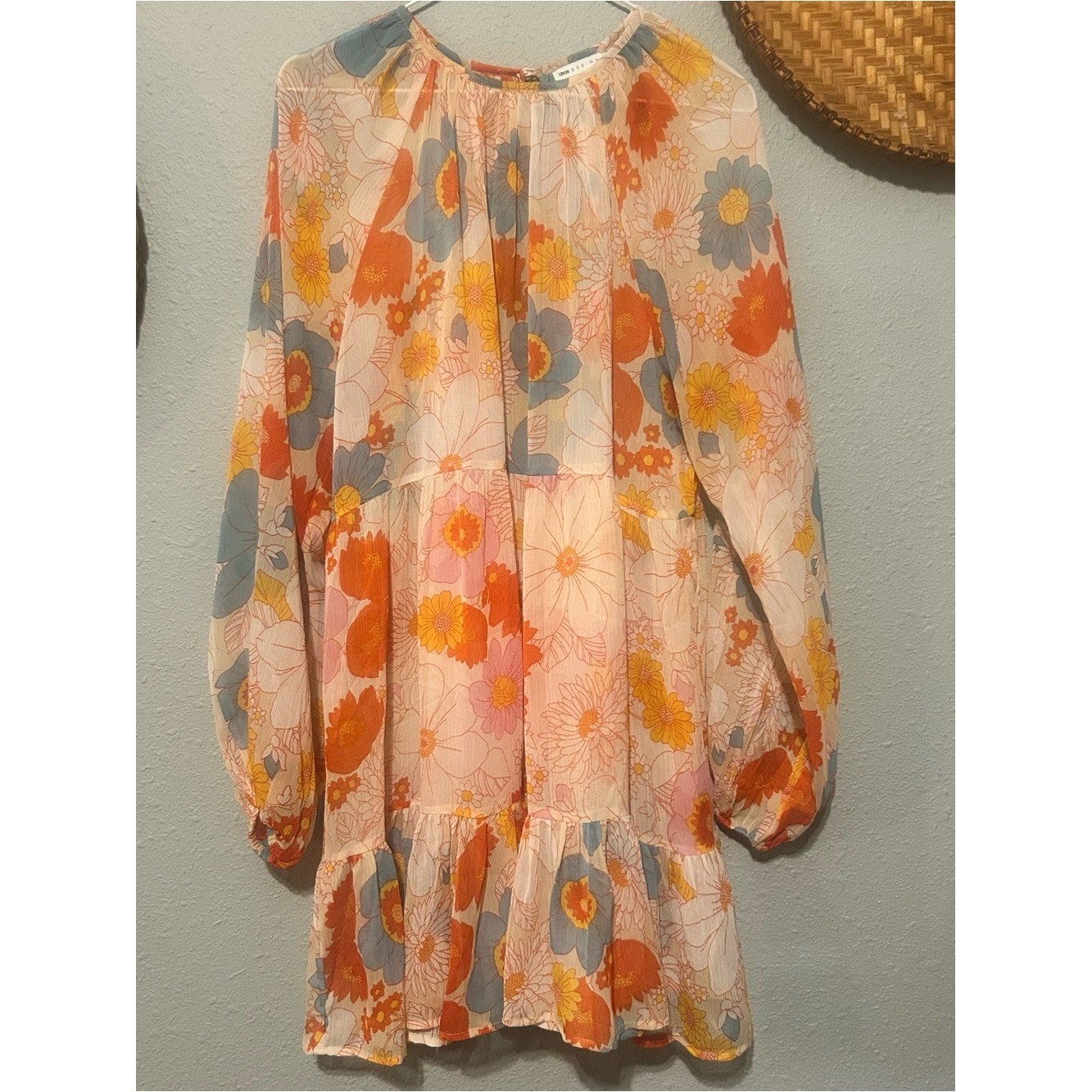 ASOS Floral Tiered Midi Dress in Cream, Orange & Blue