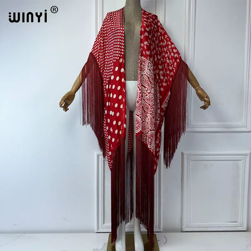 Kimono Summer Beach Cover-Up Sexy Tassel Cardigan Red Bandana Fringe Bali Dress