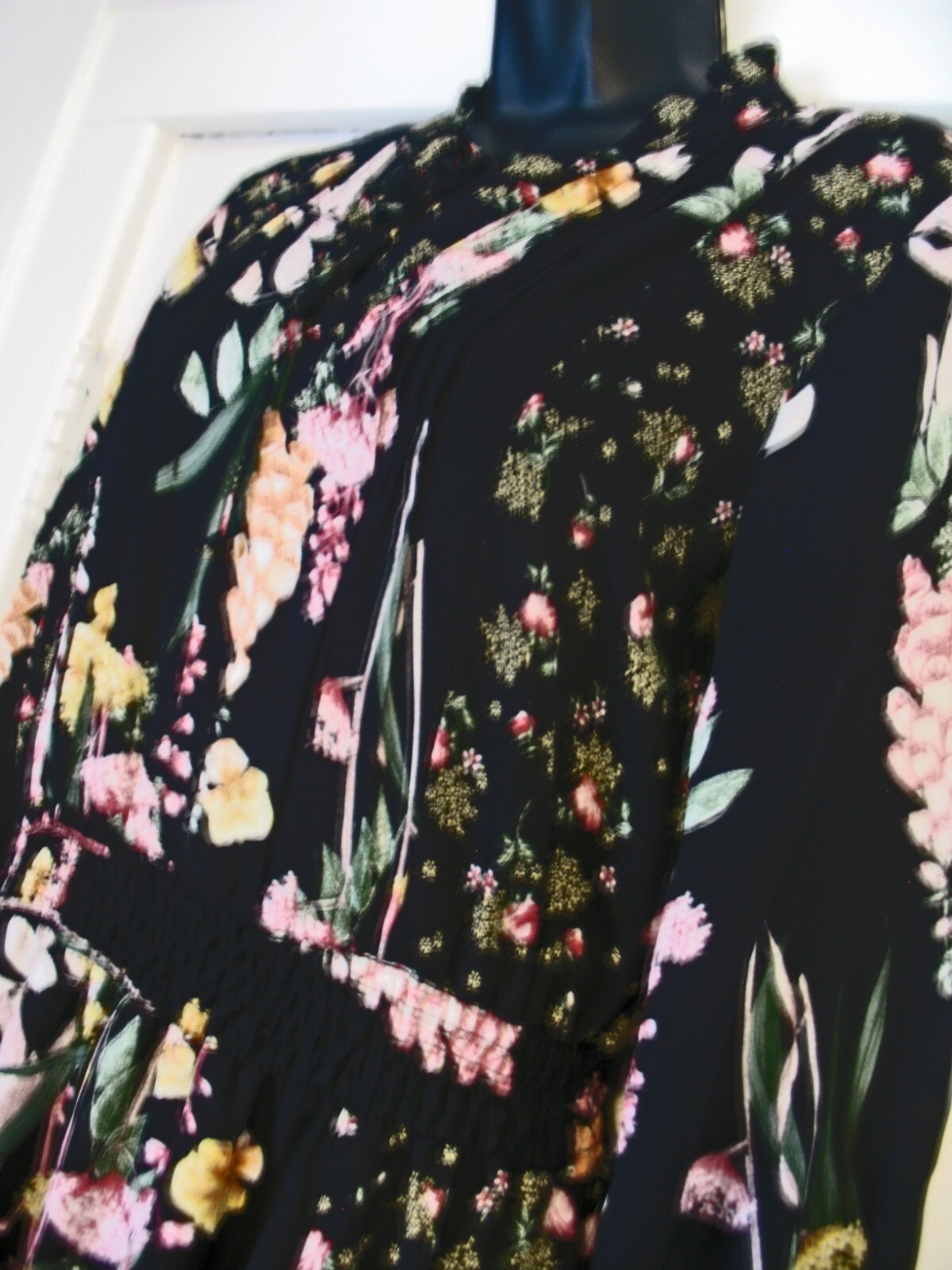 NWT FIGUEROA & FLOWER PEASANT Boho Dress Long Sl Small Black Floral