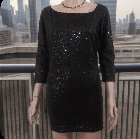 Black Sequin Dress (SIZE TAG MISSING) Bust 32in Length 30in Boat Neck 3/4 Sleeve