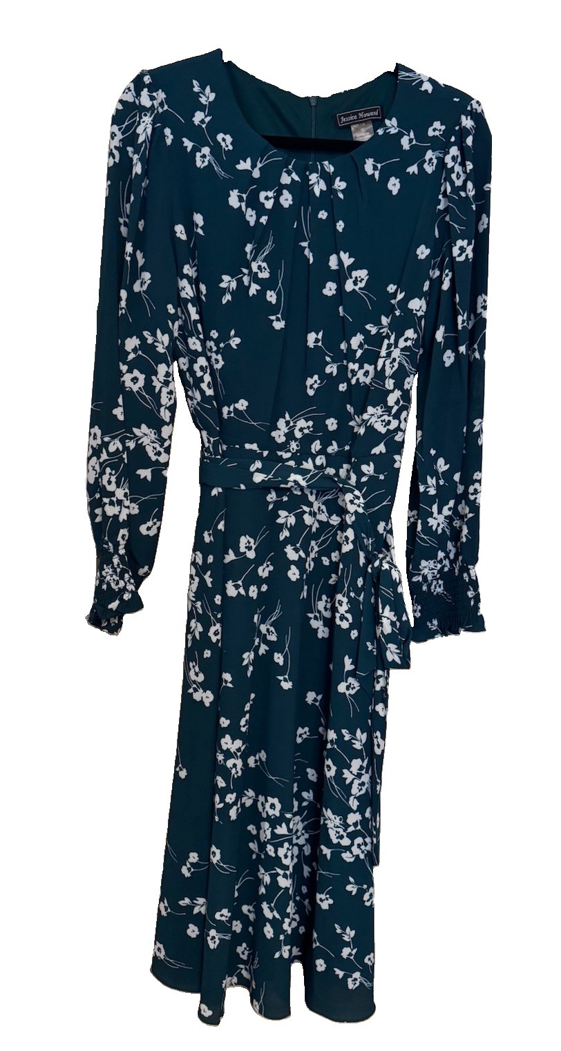 Jessica Howard Women’s Green And White Floral Long Sleeve Dress Size 12