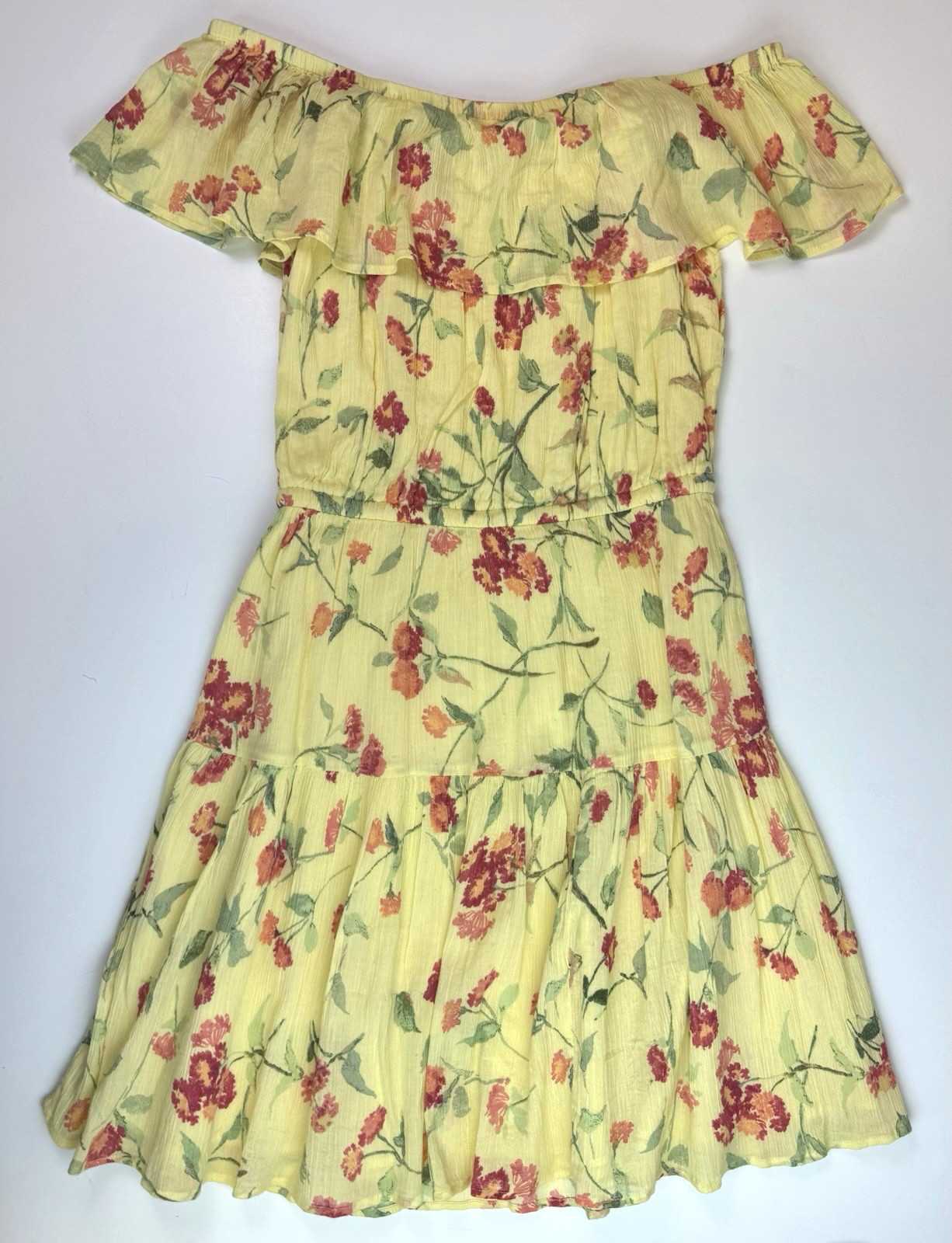 Ralph Lauren Ruffle Georgette Dress Yellow Floral Crinkle Womens Sz 4 $145 NWT