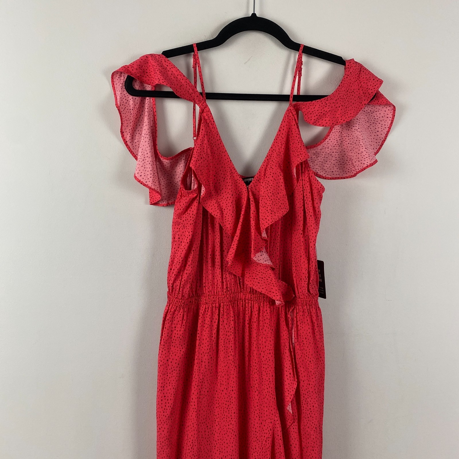 Express Ruffle Maxi Dress Size Medium Hi Low Hem Red Black Polka Dot